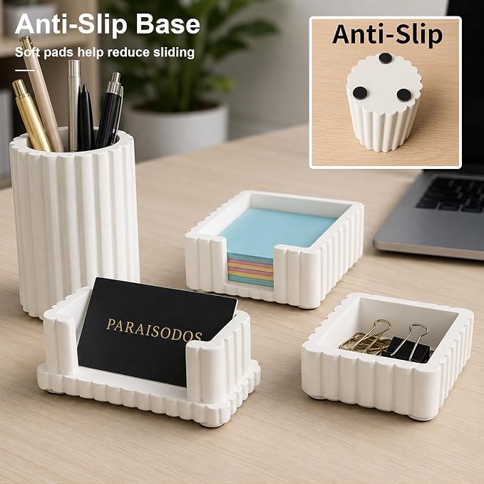 Concrete Desk Organizer Set of 4, Modern Desk Accessories, White | Pen holder, Sticky note holder, Paper clip tray, Business card holder, Soft anti-slip pads, For home and office use