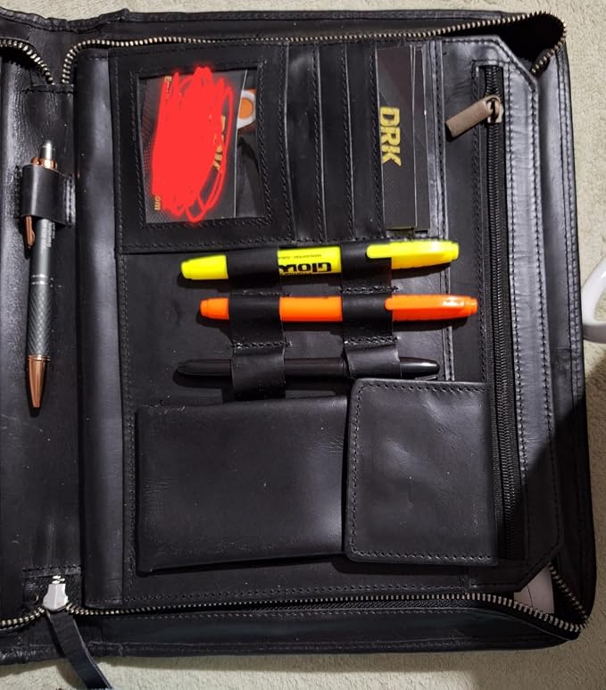 Genuine Leather Portfolio Organizer with Zipper for Men Women, Padfolio Business Resume A4/Pad, Folder Organizer, Legal Pad Holder with Card Slots, Zippered Padfolio for Business Documents, Black