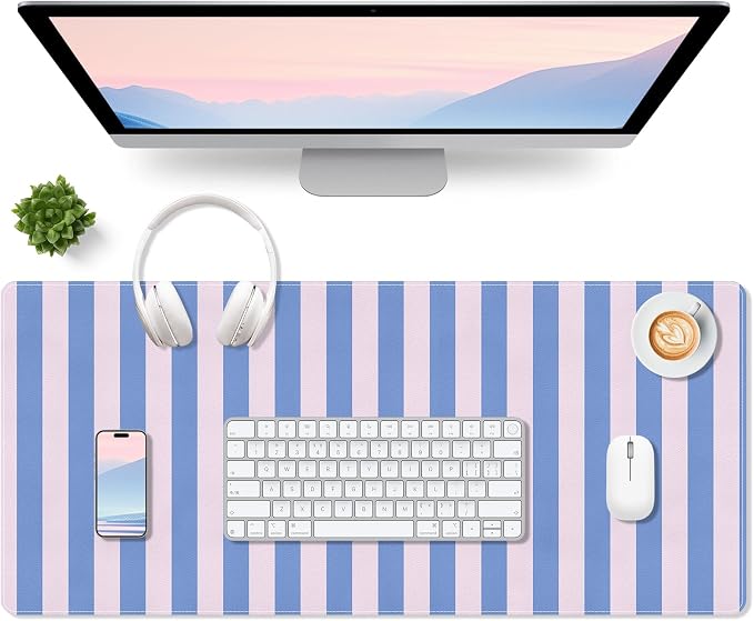 Leather Desk Pad Protector, Striped Mouse Pad, Blue Pink Office Desk Mat, Non-Slip PU Leather Desk Blotter,Laptop Desktop Pad Waterproof Desk Writing Pad for Office Home