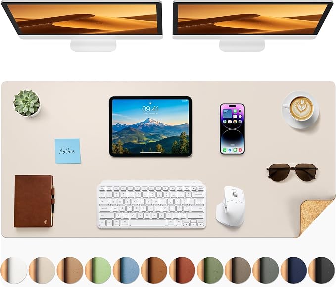 Aothia Dual-Sided Desk Mat, FSC Cork & PU Leather Desk Pad, Large Mouse Pad & Writing Surface for Extended Desk Setup, Non-Slip Waterproof Desk Protector - 47" x 17", Cream