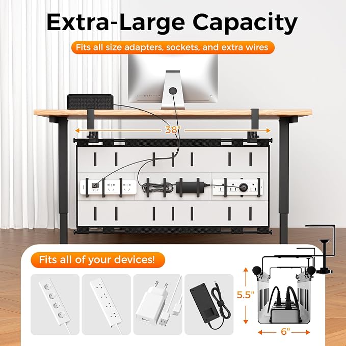 No Drill Thickened Under Desk Cable Management Tray,38.5In,Black | Upgraded Double-Layer Extra Thick Standing Desk Wire Management,Cord Organizer with Clamp/Screw Mount,for Office,Home
