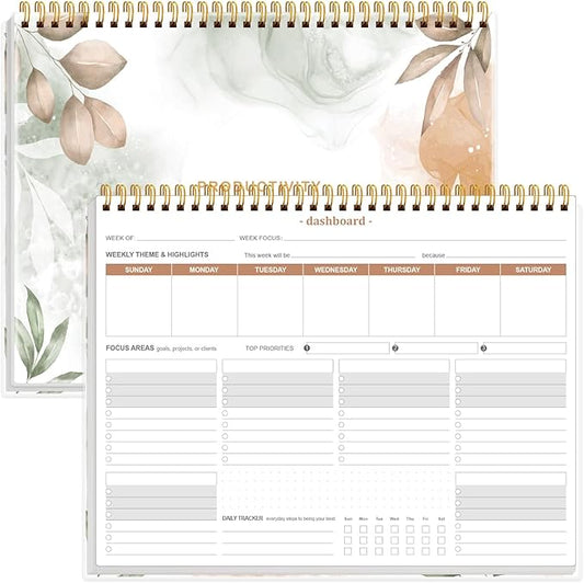 Weekly Productivity Planner - 8.5" x 11" Dashboard Desk Notepad Has 6 Focus Areas to List Tasks for Goals, Projects, Clients, Academic or Meal-Organize Your Daily Work Efficiently, 54 Weeks, Rose Leaf