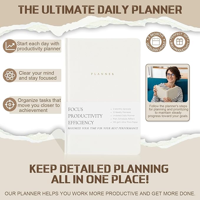 Productivity 3-month Planner Undated Daily Weekly Monthly Planner with Hardcover, Setting Guided Journal for Time Management, Habit Tracking, Self Care & Organization(White)