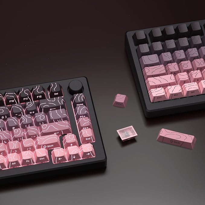 dagaladoo Pink Grey Topographic keycap Sets Line Backlit Gradient keycaps Shine Through Keyboard Keys Side Printed Key caps Cherry Profile for 61/64/66/68/71/75/84/87/104/108 Mechanical Keyboards
