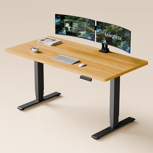 SANODESK Dual Motor Standing Desk 220lbs Height Adjustable Desk | 60"x24" Spacious One-Piece Maple Desktop & Black Frame, 4 Memory Presets, 3-Stage Legs, 220lbs, 2-Box for Home & Office