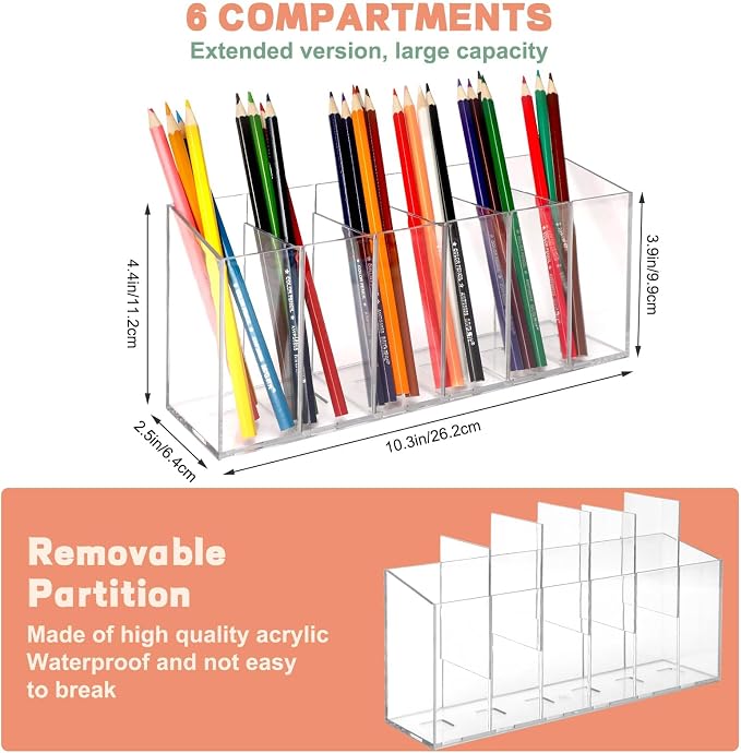 DECYOOL 1PCS Acrylic Organizers, Acrylic Makeup Brush Organizer 6 Compartments Pen Holders With Removable Dividers for Desk Accessories Cosmetic Storage Office Stationery Bathroom Kitchen Supplies