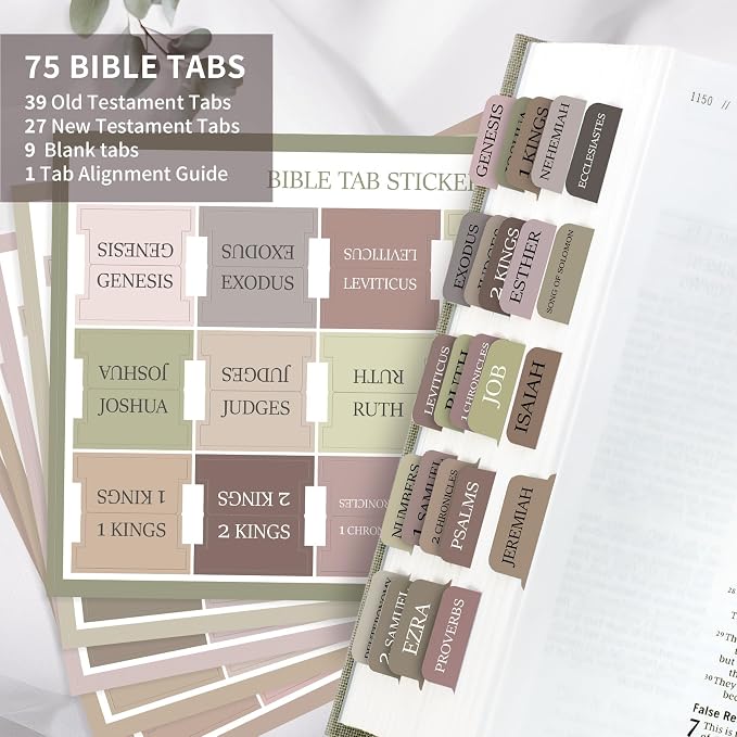 Bible Tabs for Women & Men, Bible Tab for Study Bible, Large Print Bible Tabs for Easy Navigation, Bible Index Tabs, 66 Tabs Old & New Testament, Extra 9 Blank Tabs - Earth Tone