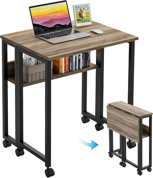 GreenForest Folding Desk Small Rolling Desk with Storage Shelf,31.5 inch Foldable Computer Desk with Wheels for Small Space,Easy Assembly,Grey Wash