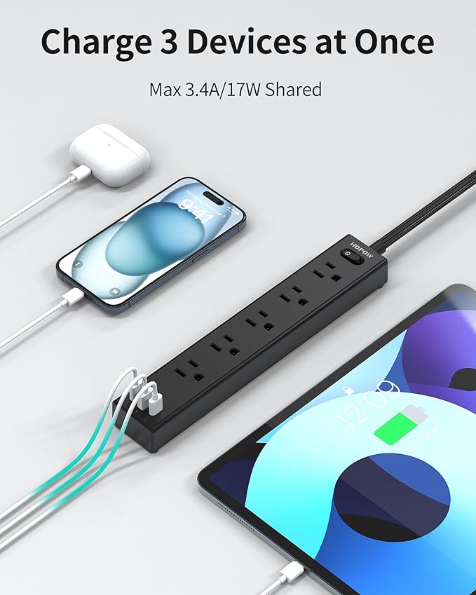 HOPOW Power Strip Surge Protector, 10 Ft Ultra Flat Extension Cord, Surge Protector with 5 Outlets & 3 USB Ports (2 USB C), 1700 Joules, Wall Mount, Desktop Charging Station for Home Office, Black