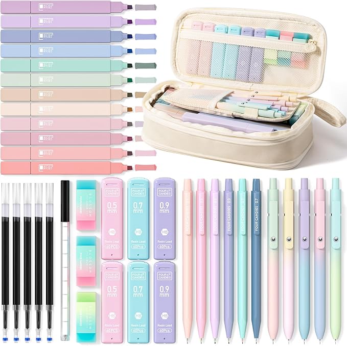 Four Candies 39 PCS Aesthetic School Supplies with Cute Pen Case, 12 Pastel Highlighters, 5 Black Ink Gel Pens, 6 Mechanical Pencils Set for Students Stationery College Essentials, Cream