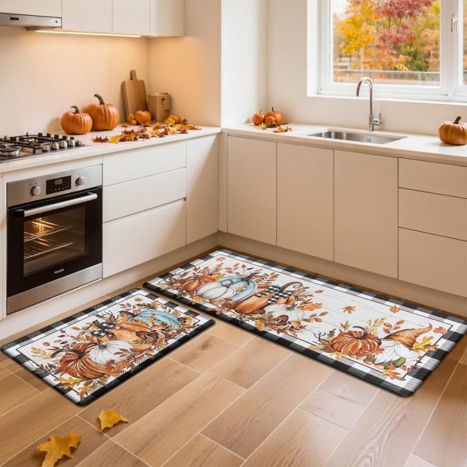 SHACOS Fall Anti Fatigue Kitchen Mats Pumpkins Gnome 17x27.5+17x47 | Orange Maple Black White Checkered Autumn Harvest Cushioned Kitchen Rugs Sets of 2 Non Slip Kitchen Floor Mat