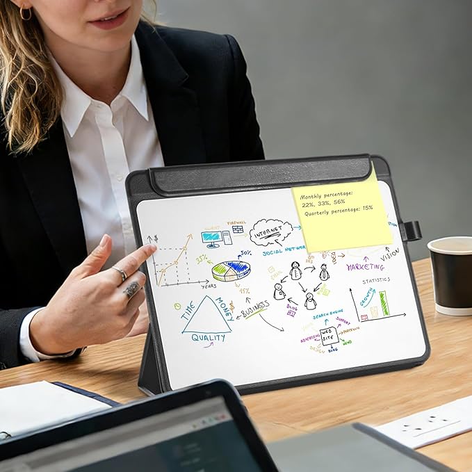CoBak Glass Portable White Board Desktop Easel 12x9 inch (A4) - Book Folio Tri-fold Design Clean Glass Dry Erase Board with 3 Markers, Anti-Ghosting Suface for Office, Business and School (Black)