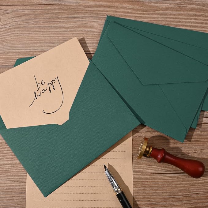 48 Pieces Stationery Set with Envelopes (24 Kraft Paper Sheets + 12 Linen Texture Envelopes+12 Wax Seal Stickers), Stationery Letter Writing Paper Set for Love Letters and Party Invitations(Green)