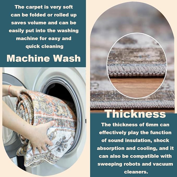 Washable Area Rug 8'x10' Vintage Traditional Mat Distressed Indoor Foldable Accent Thin Rug Retro Floral Non Slip Carpet Living Room Dining Room Office