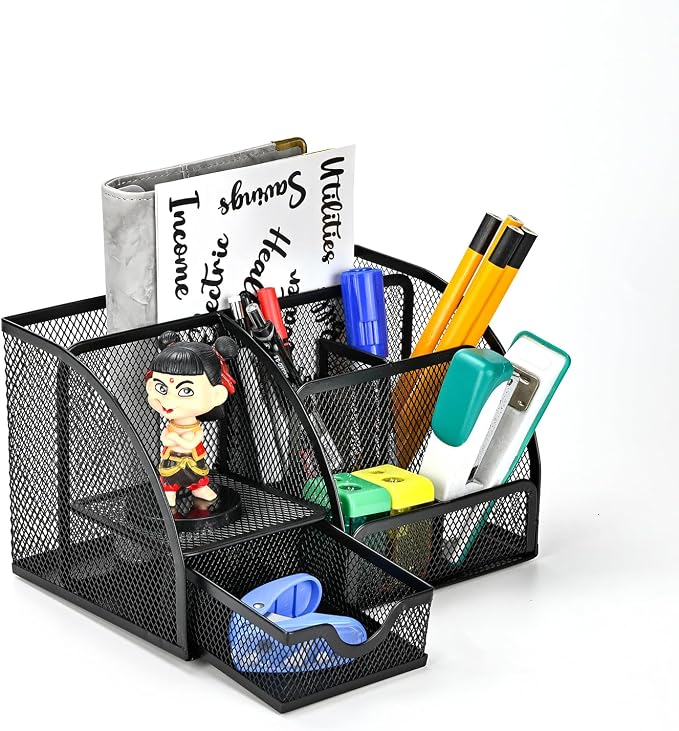 Desk Organizer Stationery Storage, Pencil Holder for Desk, Wire Mesh Office Supplies Journals Notebooks Organizers with 7 Compartments and Mini Drawer (Black)