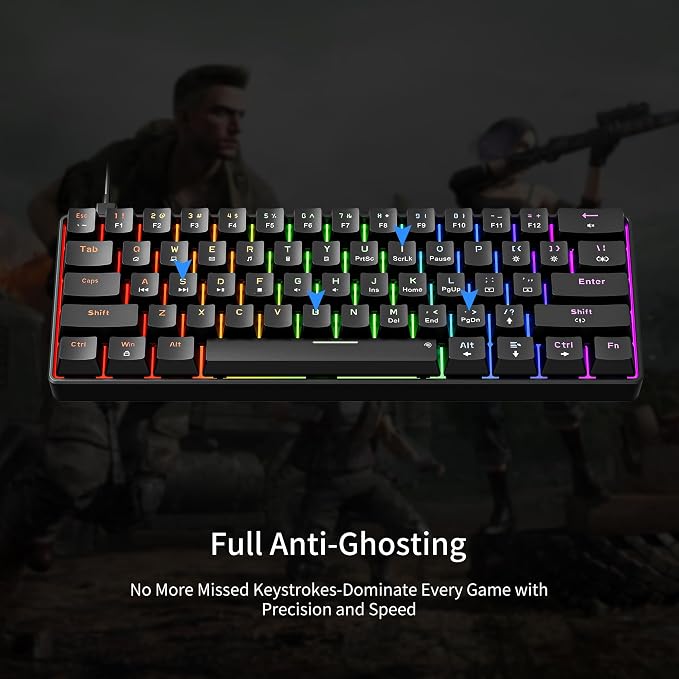 Newmen GM611 Mechanical Keyboard,Rainbow LED Backlit Gaming Wired Keyboards Compact Mini 61 Keys Portable 60 Percent Mechanical Keyboard with Black Keycaps,for Windows Laptop PC Linear Red Switches