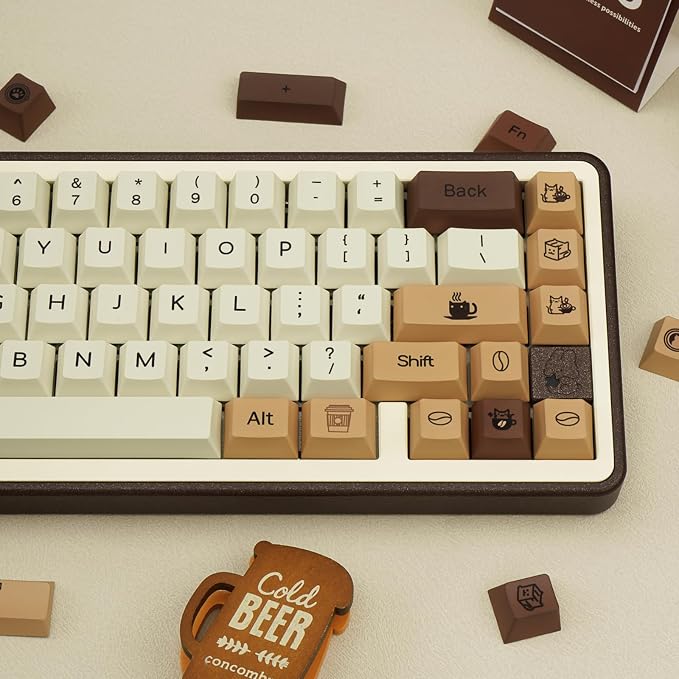 Brown PBT Keycaps, Coffee Cat Cute Keycaps, Cherry Profile Key caps 60 65 75 100 Percent, Dye-Sublimation Custom 130 Keys Set for 100%, 75%, 65%, 60% Cherry Gateron MX Switches Keyboards