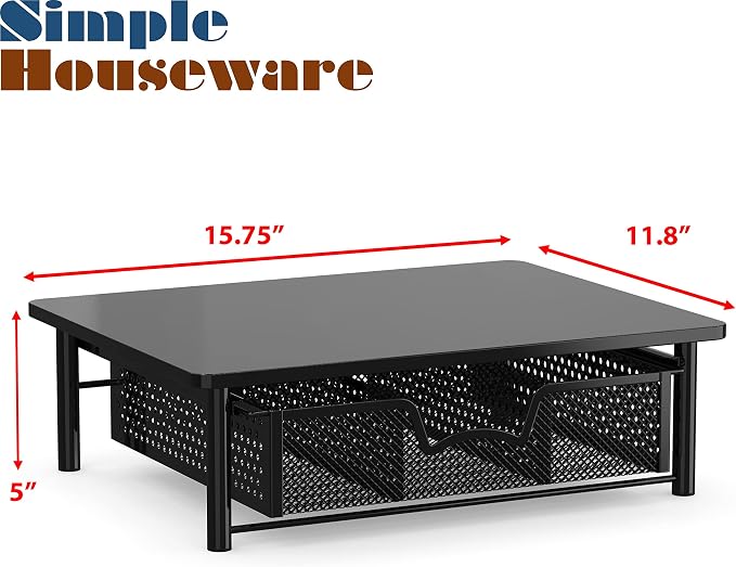 Simple Houseware Computer Monitor Riser with Drawer, Black