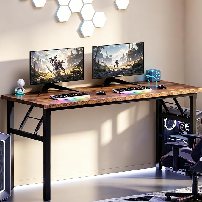 sogesfurniture Foldable Computer Desk 62 inches, Retro Large Folding Sturdy Laptop Workstation Table for Home Office, No Assembly Portable Study Writing Gaming Desk for Small Spaces, Rustic Brown