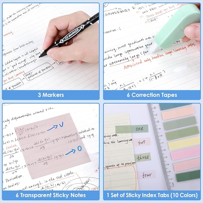 54 PCS Aesthetic School Supplies, Stationery Essentials Set with Large Pen Case, Mechanical Pencils & Black Ink Gel Pens with Refills, Markers, Erasers, Highlighters, Sticky Notes, Correction Tapes