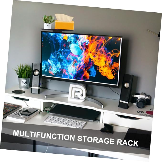 Mobestech Adjustable TV Screen Top Storage Shelf Black Desktop Organizer for Media Devices Compatible Monitors Easy Installation Suitable for Home and Office