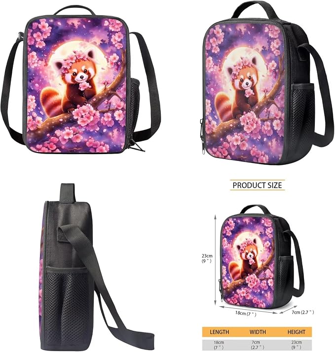 WELLFLYHOM Cherry Blossom Red Panda Backpack for School Kids Girls 4-7 4PCS | Moon Book Bag with Lunch Bag Pencil Case Waterbottle Sleeve Back to School Supplies