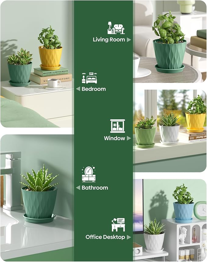 6 Pack Plant Pots with Drainage Holes, 4 Inch Plastic Indoor Flower Pots, Succulent Pots for Orchids, Violets, Succulents, Herbs and Other Small Plant, Multicolor