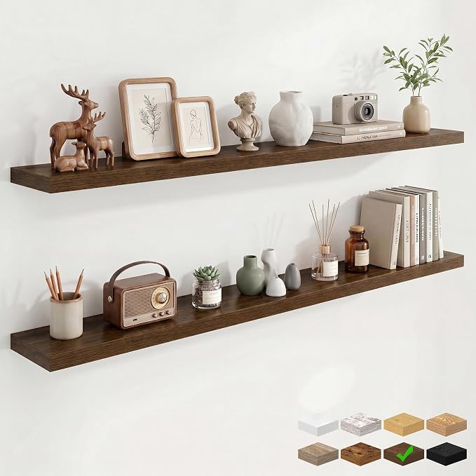 Marsmiles 55in Floating Shelves for Wall, 72" W x 9.25" D x 1.5" H, Long Wall Mounted Engineered Wood Shelves with Invisible Brackets for Living Room, Bedroom, Bathroom, Kitchen, Walnut, 2Pcs