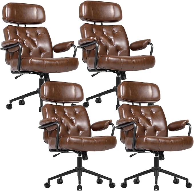Mid Century Modern Home Office Desk Chair, Ergonomic Office Chair Big and Tall, High Back Executive Office Chair Leather Extra Wide, Computer Chair Comfy, Adjustable Height Rolling Chair, Caramel 4PC