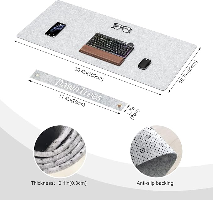 DAWNTREES Large Felt Desk Mat,39.4''x19.69'' Full Keyboard and Mouse Pad | Non-Slip Computer Desk Mat for Home and Office,100x50CM Felt Desk Pad Protector (Light Gray)