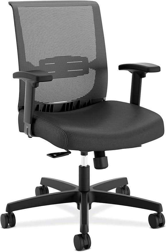 HON Convergence Ergonomic Office Chair with Mesh Back, Vinyl Seat Cushion, Adjustable Arms, Lumbar Support, Synchro‑Tilt Swivel Desk Chair with Wheels for Home Office, Black Frame, Black