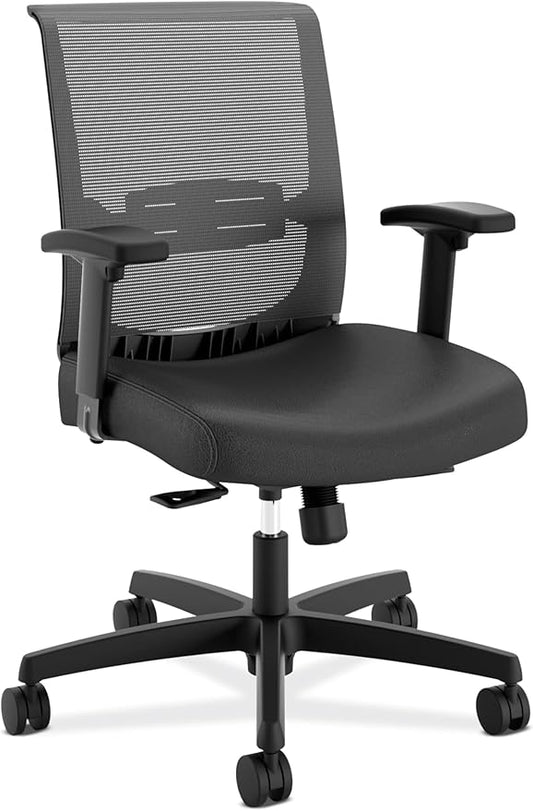 HON Convergence Ergonomic Office Chair with Mesh Back, Vinyl Seat Cushion, Adjustable Arms, Lumbar Support, Synchro‑Tilt Swivel Desk Chair with Wheels for Home Office, Black Frame, Black