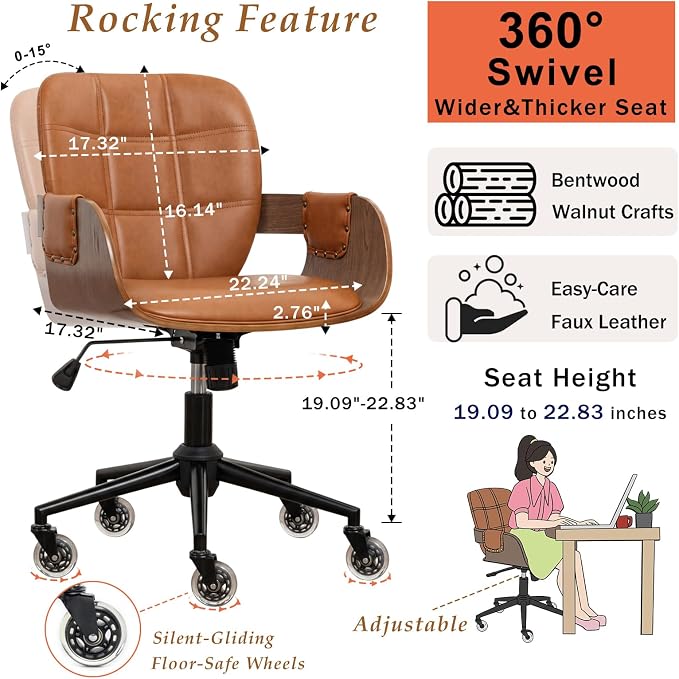 Mid Century Modern Office Chair, Floor Protective Silent Casters | Ergonomic Curved Back, Bentwood Frame, 360° Swivel & Rocking Function, Height Adjustable 19"-23", Support Up to 350 lbs