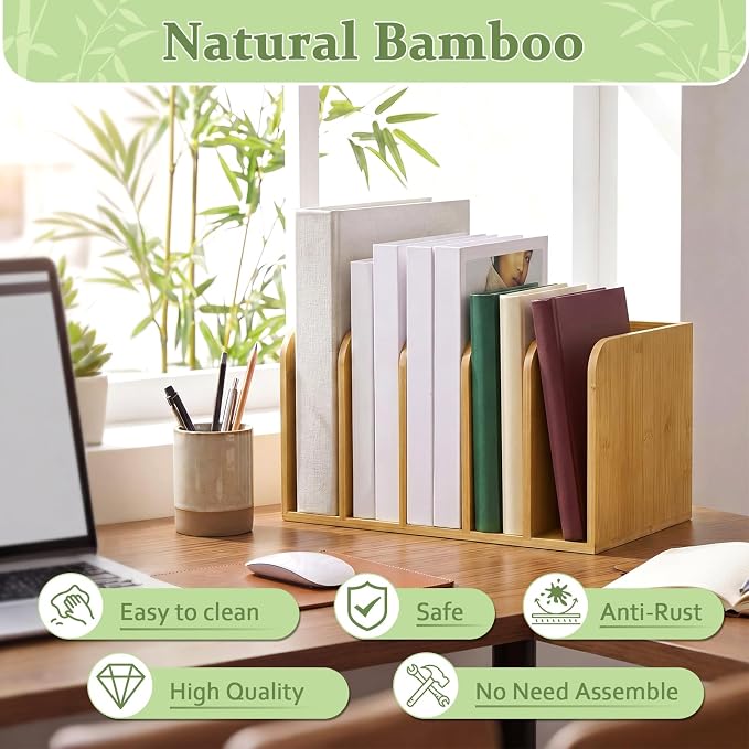 Novabright Bamboo Magazine File Holder Desk Organizer, 5 Vertical Compartments Workspace Sorters for Magazines, Binders, Notebooks, Envelopes