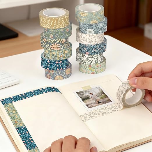 12 Rolls Watercolor Floral Washi Tape Set 15 mm Vintage Flower Decorative Masking Tape for Summer School Arts DIY Craft Scrapbook Journal Supplies Gifts(Earthy Tones,William Morris)