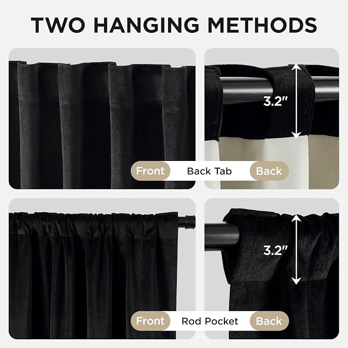 Joydeco 100% Blackout Velvet Curtains 84 Inch, Luxury Thermal Insulated Black Velvet Curtains for Bedroom Living Room, Soundproof Blackout Window Drapes, Rod Pocket & Back Tab (52W x 84L)