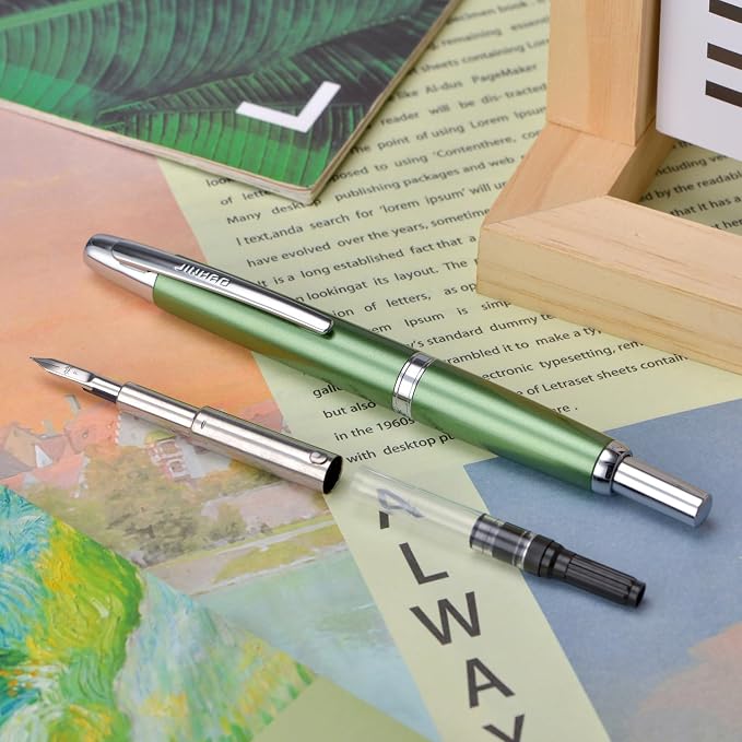 Jinhao 10 Press Fountain Pen with Box, Sea Pine Green Retractable Fine Nib with Converter Set (Silver Clip)