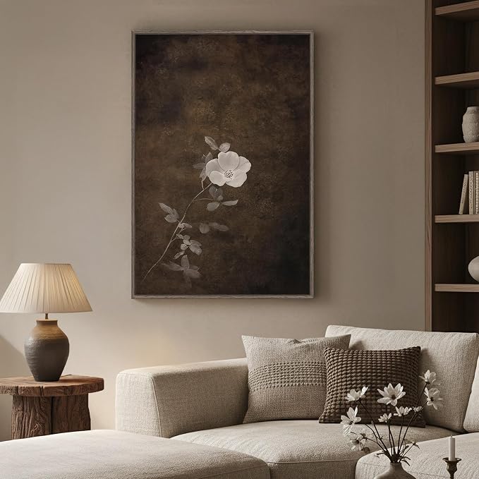 Framed Vintage Floral Vertical Wall Art, Moody Neutral Minimalist Botanical Canvas Artwork, Retro Rustic Brown Wabi Sabi Dark Flower Painting Prints for Living Room Bedroom Hallway Wall Decor, 24x36