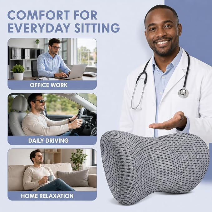 Lumbar Support Pillow for Office Chair, Ergonomic Memory Foam Back Cushion for Lower Back Support, Breathable Mesh Lumbar Cushion for Car Seat, Desk Chair & Long Sitting Relief
