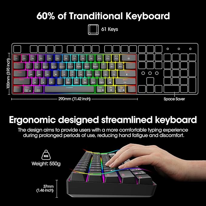 KOORUI 60% Gaming Keyboards, 61 Keys Wired Ultra-Compact Mechanical Keyboard 26 RGB Backlit with Red Switch Mini Keyboards for Windows MacOS Linux