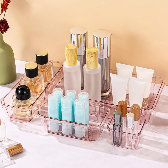 25 Pcs Clear Drawer Organizer, Adjustable Drawer Storage Box, 3-Size Desk Drawer Organizer, Acrylic Storage Bins for Makeup, Kitchen Utensils, Bedroom Dressers Tool Organizer for Gadgets, Pink