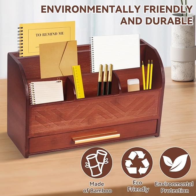 Brown Desktop Organizer with Drawer Storage, White Desk Organizer Mail Holder Mail Organizer Countertop Pen Holder Letter Sorter Make up Organizer for School Home Office Supplies