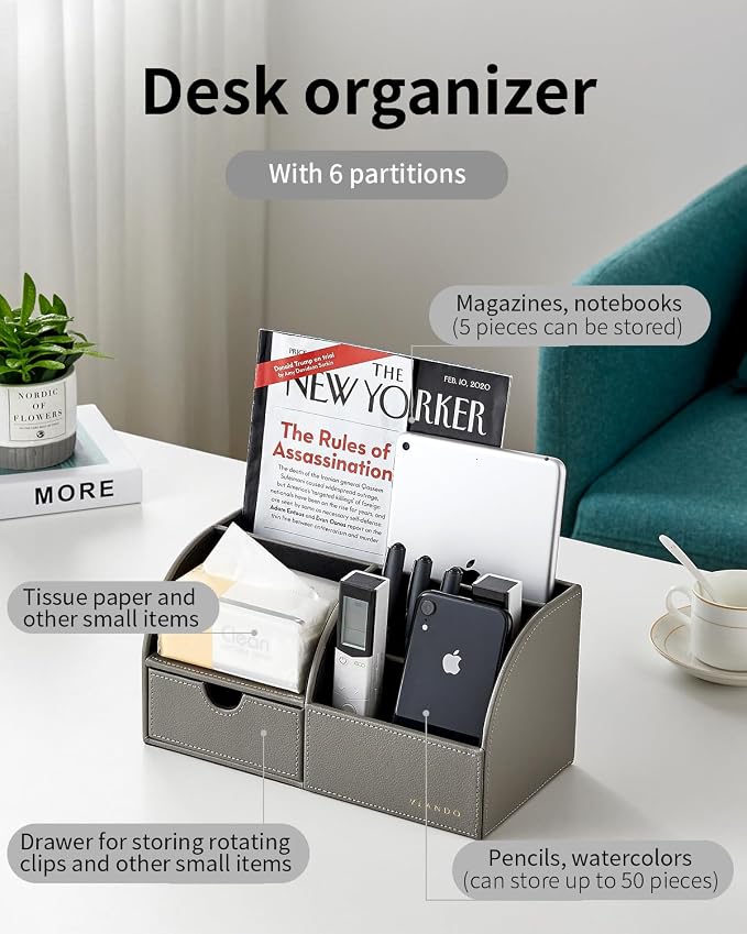 VLANDO Office Desk Organizer with Drawer, Premium Leather Desktop Storage Caddy for Supplies and Accessories, Multi-functional Vanity Organizer for Makeup,Bedside Table Nightstand Box