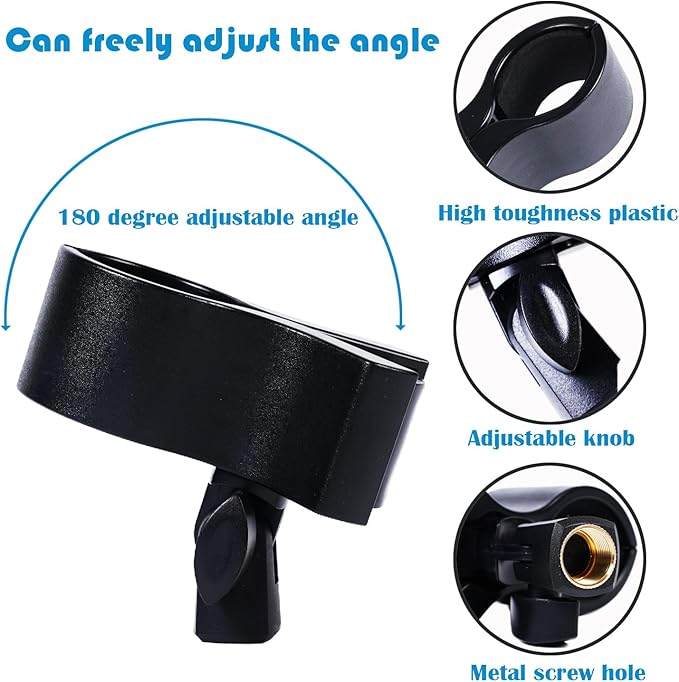 2pcs Large Microphone Clips, Adjustable Mic Holder for Microphones with Outer Diameter Range 1.26" from 2.3", with 5/8" Male to 3/8 to1/4" Female Screw Adapter(Black) Mic clip holder for stand