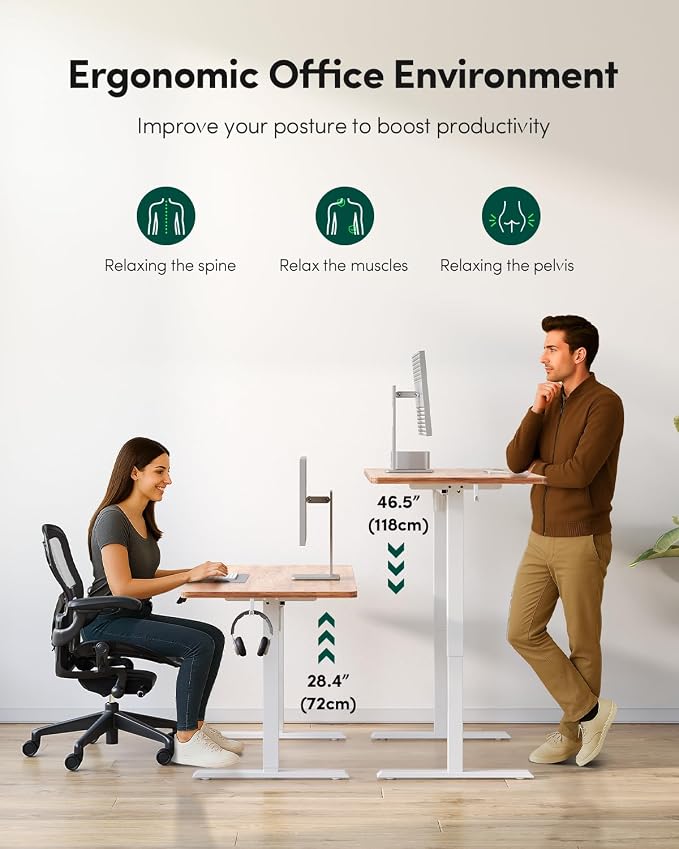 CubiCubi 48 x 24 Large One-Piece Standing Desk, Adjustable Height Electric Computer Home Office Sit Stand up Workstation, with 4 Memory Presets, Headphone Hook, Light Rustic