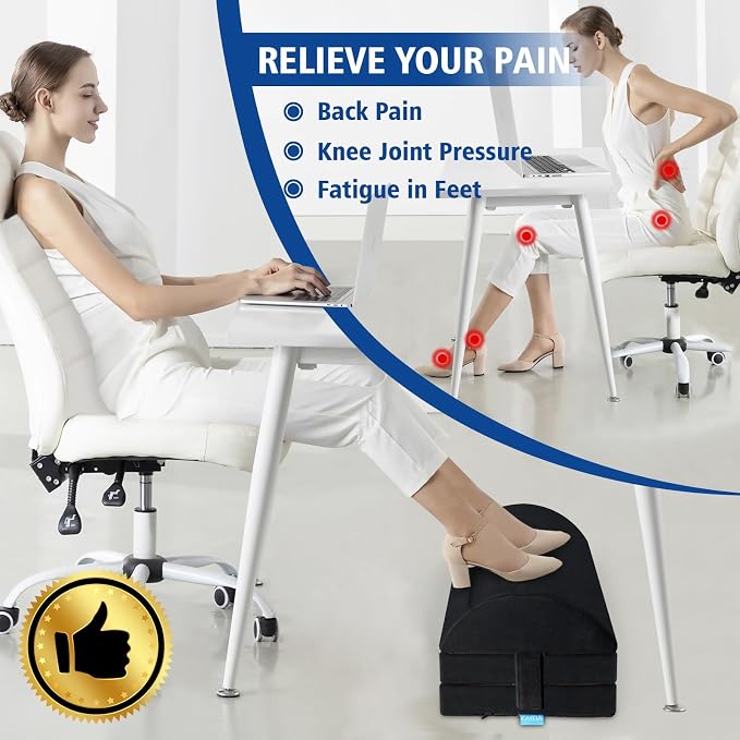 Kayfia Adjustable Foot Rest Under Desk at Work, Foot Stool with Gel Foam | XXL 20in size, 3 adjustable heights for ergonomic leg support. Soft gel foam, detachable layers, foot-warming pocket