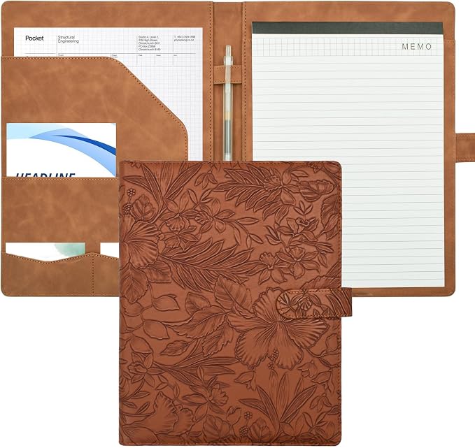 VANRA Padfolio Portfolio Binder Faux Leather Interview Resume Folder with Notepad, Document Organizer Card Holder, Letter-Sized Notepad Portfolio Organizer for Business School Office (Brown)