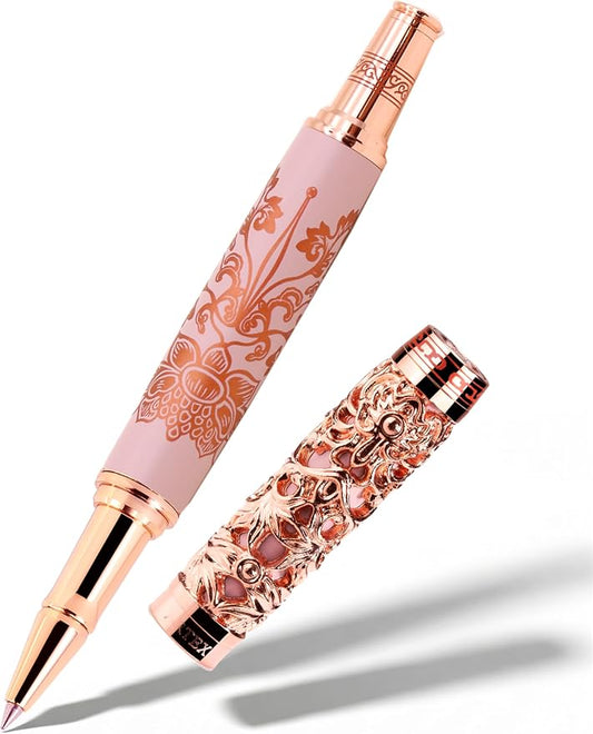 Executive Rollerball Pen Sets With Stand-Museum Collections-Crafting Timeless Beauty-Luxury Pen Gift & Office Desk Decor, German SCHMIDT refill, Solid Metal & Marble Texture (Purple & Rosegold Pen)
