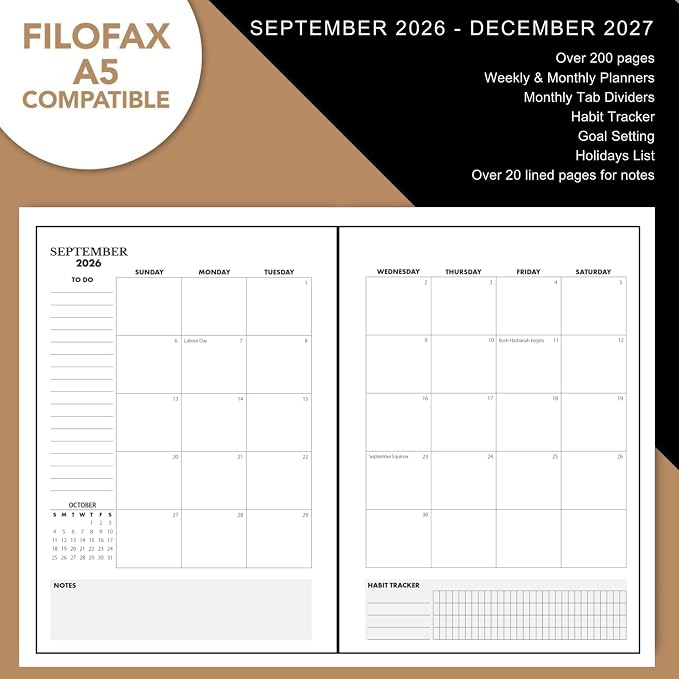 Wanderings 2027 Calendar Planner Inserts - Ivory Color - Thick Monthly Weekly Calendar Refill for A5 6-Ring Binder Planner Compatible with Filofax 8.3 x 5.6 (21 x 14.2cm) Sep 2026 - Dec 2027