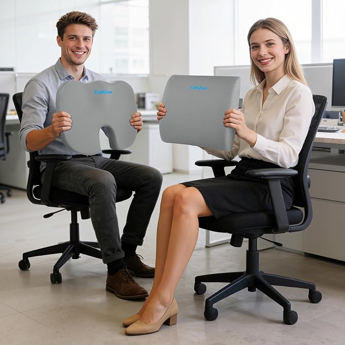 CushZone Ergonomic Seat Cushion & Lumbar Support Pillow - Memory Foam for Sciatica Pain Relief & Posture Correction, Non-Slip Chair Cushions for Office Chair/Car/Wheelchair/Travel, Light Grey